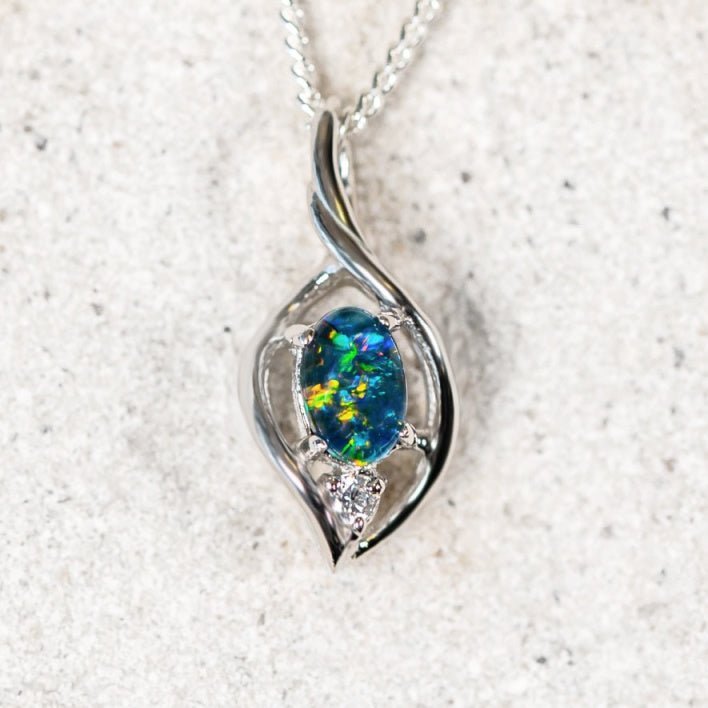 Colourful Australian opal pendant in sterling silver with a diamante accent