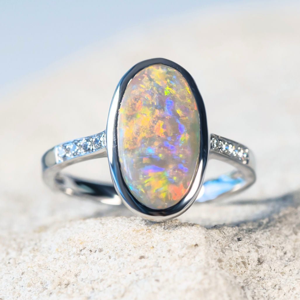 White gold Australian crystal opal and diamond ring - Black Star Opal