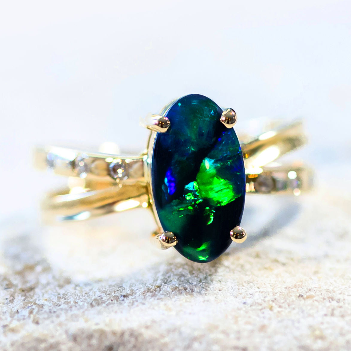 An Australian black opal engagement ring.