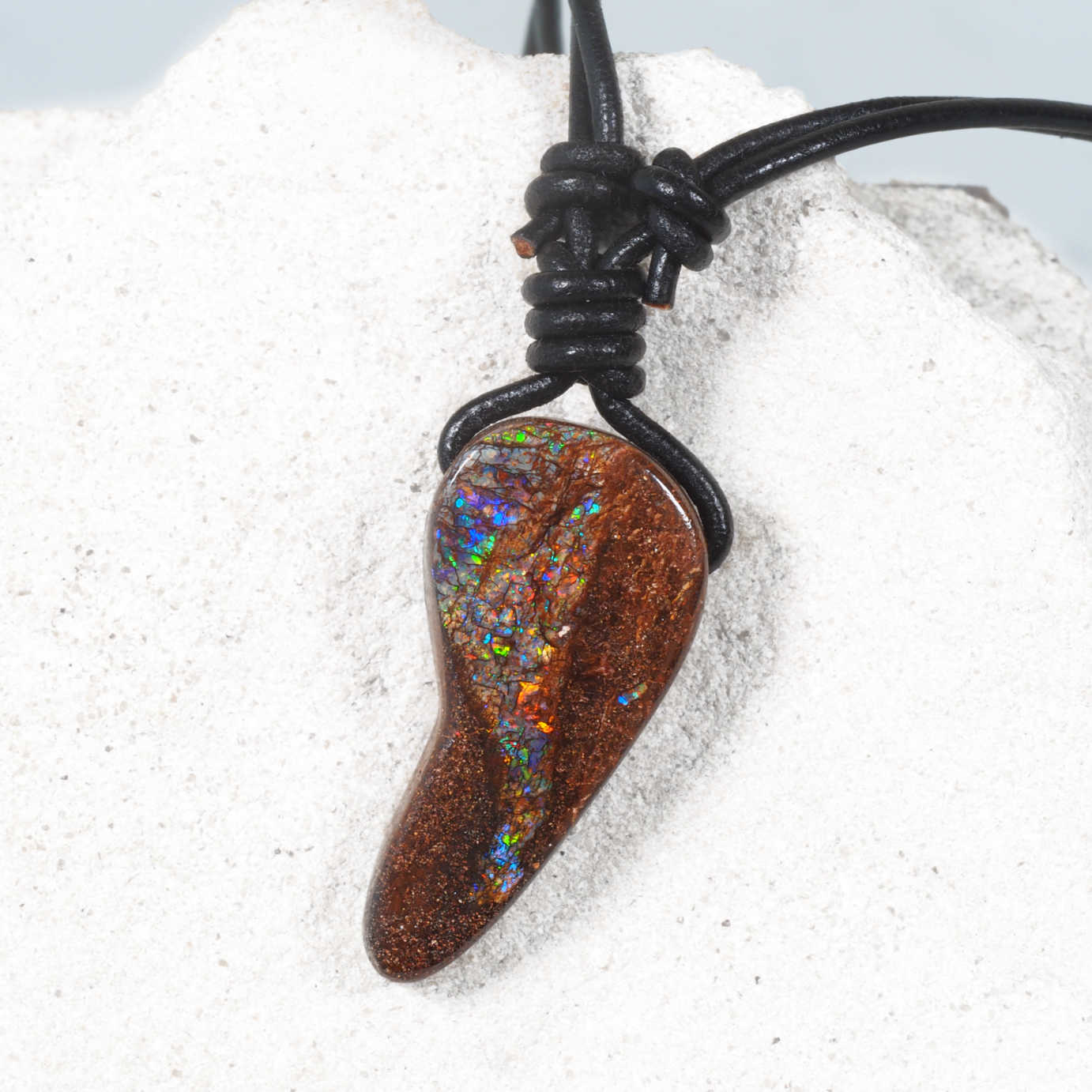Natural boulder opal necklace Australia ironstone matrix leather cord