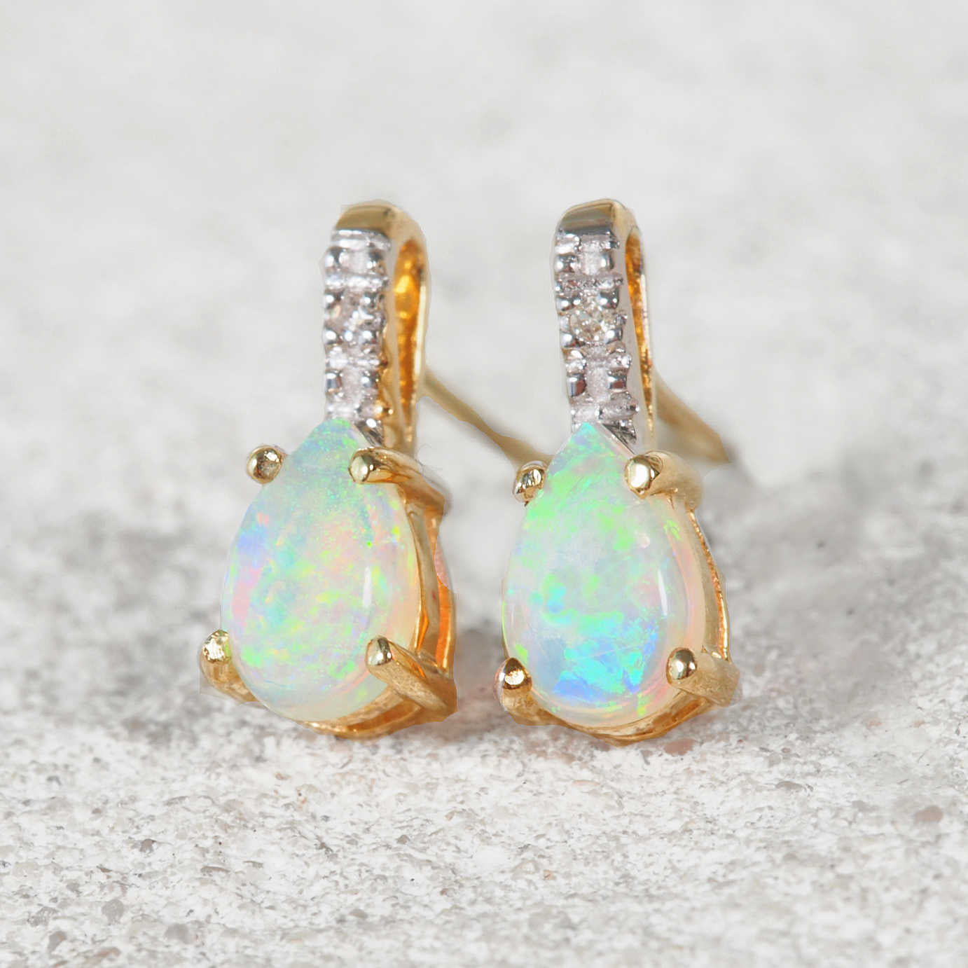Elise Australian crystal opal earrings in 9ct yellow gold featuring genuine Coober Pedy teardrop opals with natural diamond accents