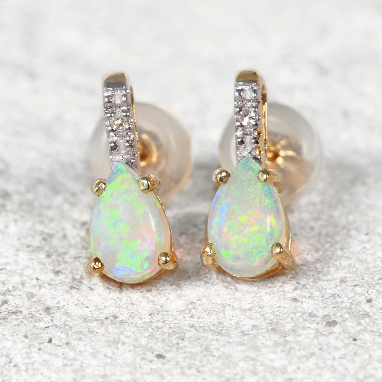 9ct yellow gold Australian crystal opal drop earrings with genuine Coober Pedy teardrop opals and six natural diamonds