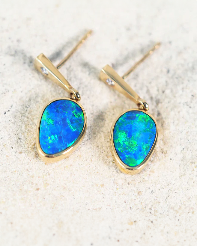 Gold opal earrings set with bright blue and green Australian doublet opals