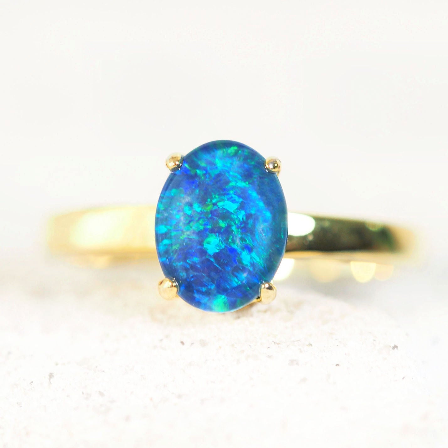'Alina Midi Blue' Gold Plated Silver Triplet Opal Ring