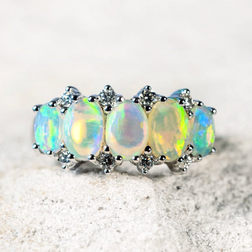 crystal opal and diamonds white gold ring