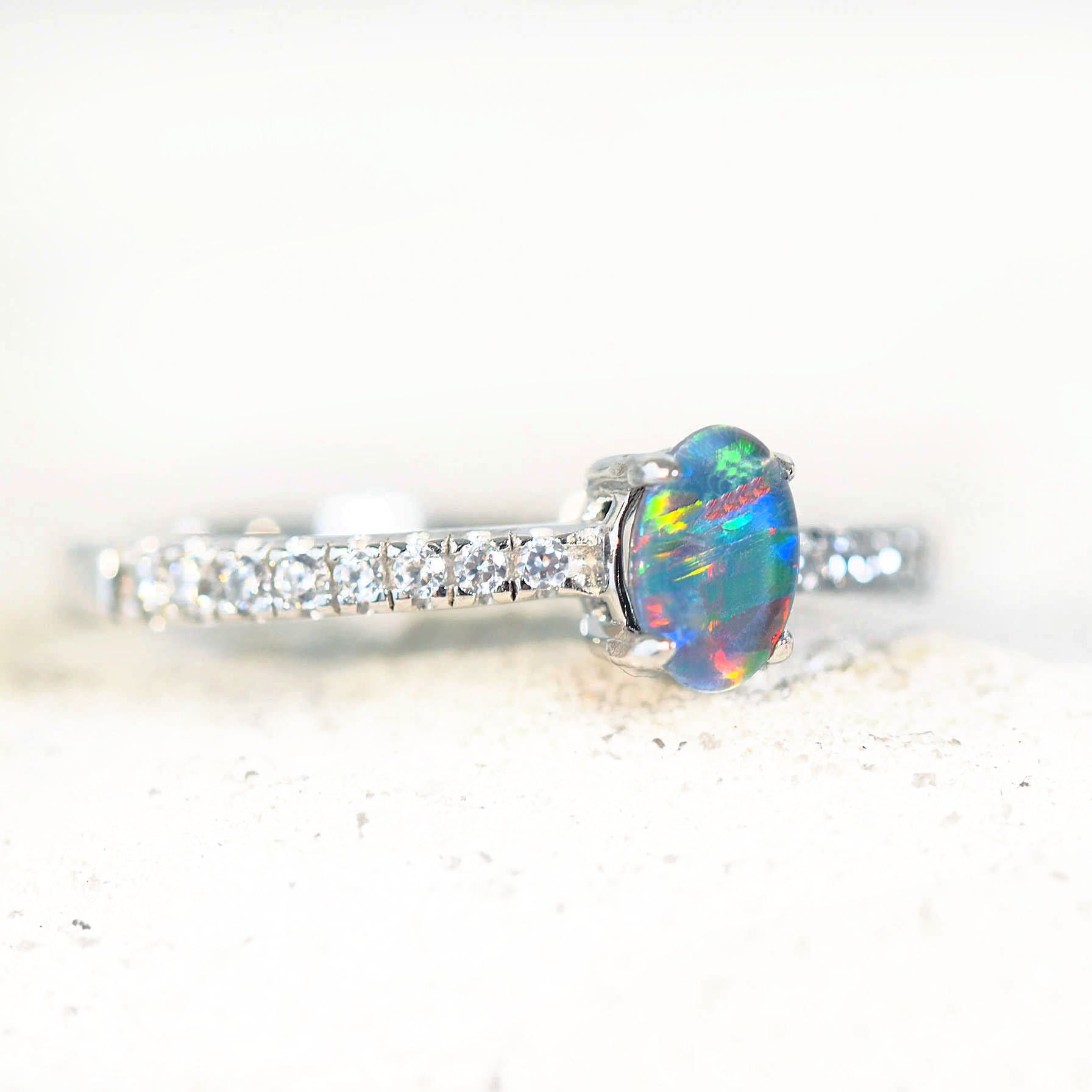 colourful opal ring with a triplet opal and diamantes