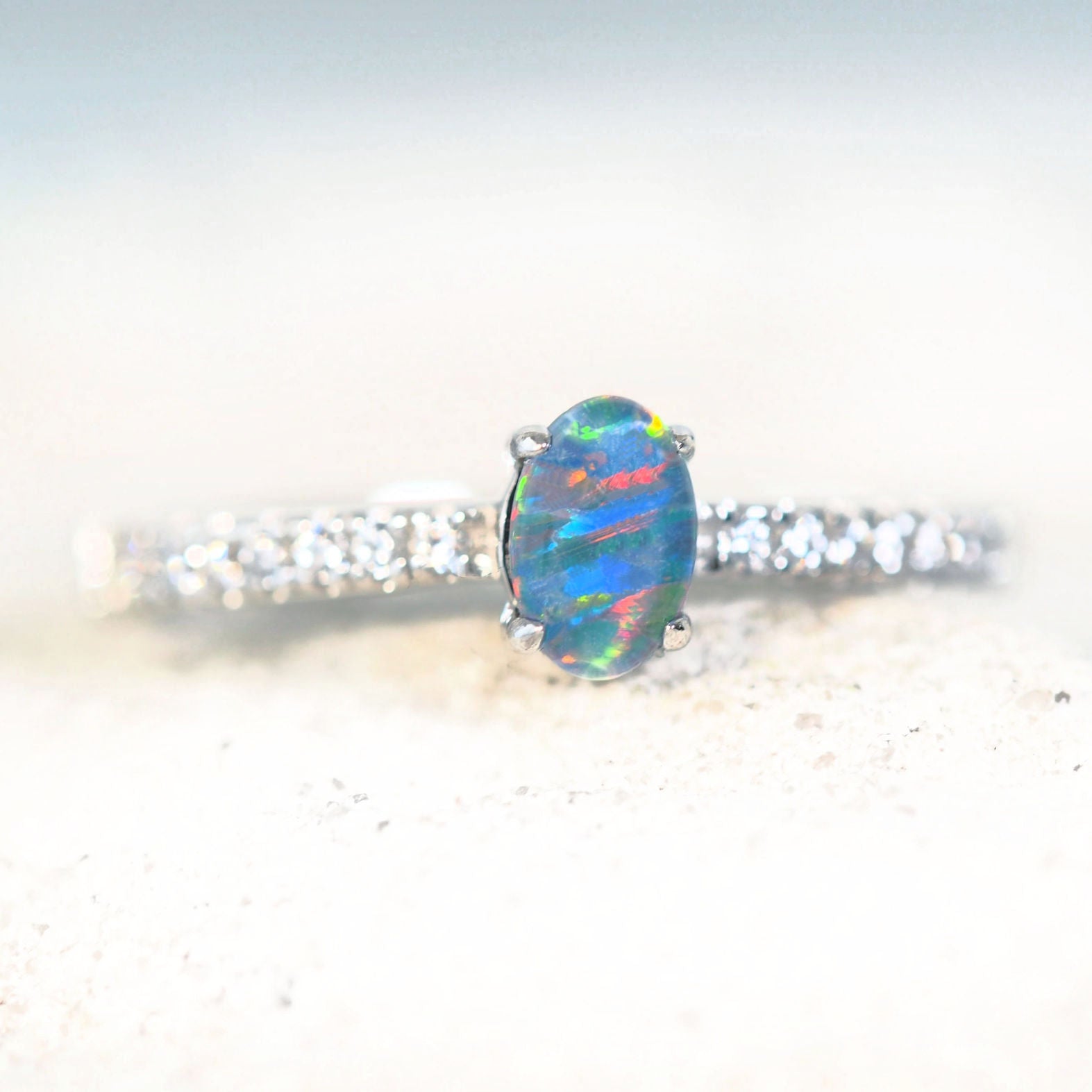 colourful opal ring with a triplet opal and diamantes
