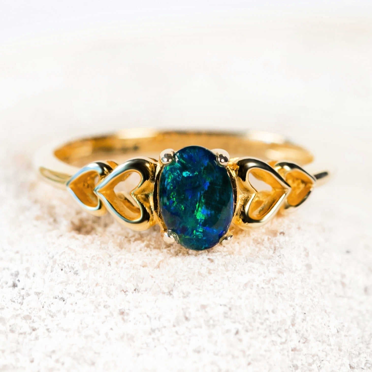 heart design opal ring set in gold plated silver