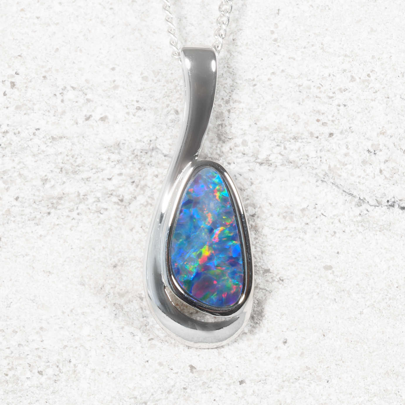 Natural Australian opal doublet necklace in polished sterling silver with vivid multi-colour flashes