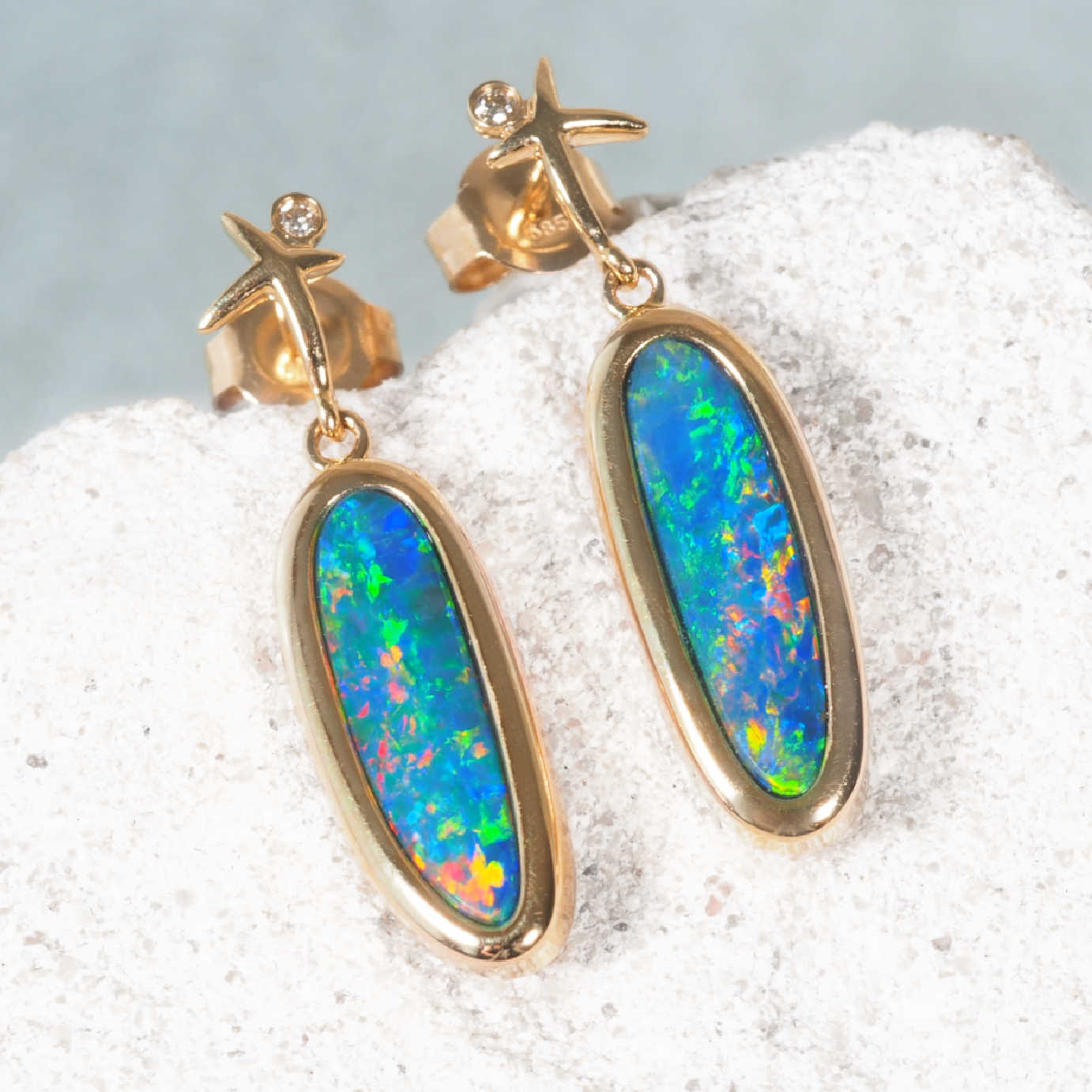 14ct gold drop opal earrings with multi-coloured Australian doublet opals