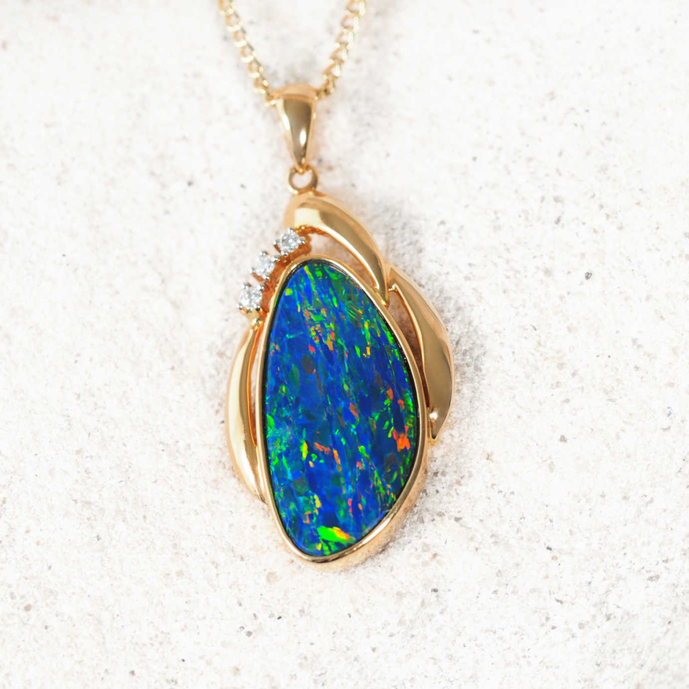 Luxury opal and diamond necklace – handcrafted 14ct yellow gold pendant with genuine Australian opal