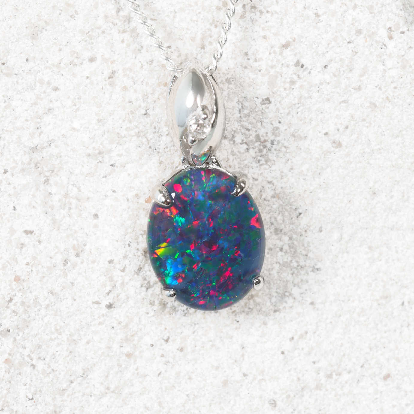 ‘Ciana’ sterling silver opal pendant with oval multi-coloured Australian triplet opal and cubic zirconia accent