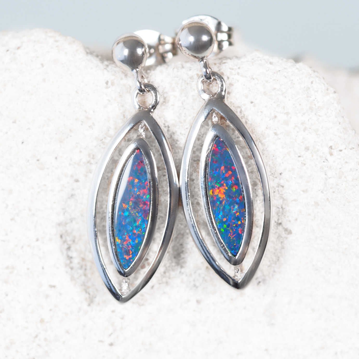Marquise-shaped Australian doublet opal silver earrings with multi-colour flashes