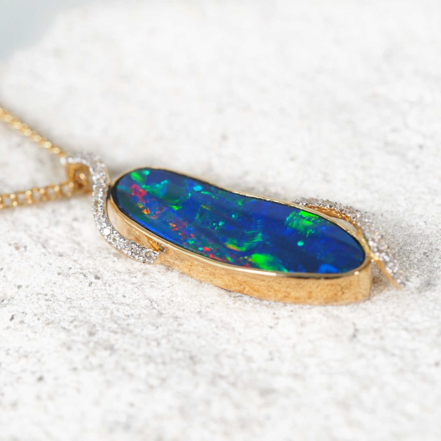 Luxury opal and diamond pendant – handcrafted 14ct gold necklace featuring genuine Lightning Ridge doublet opal