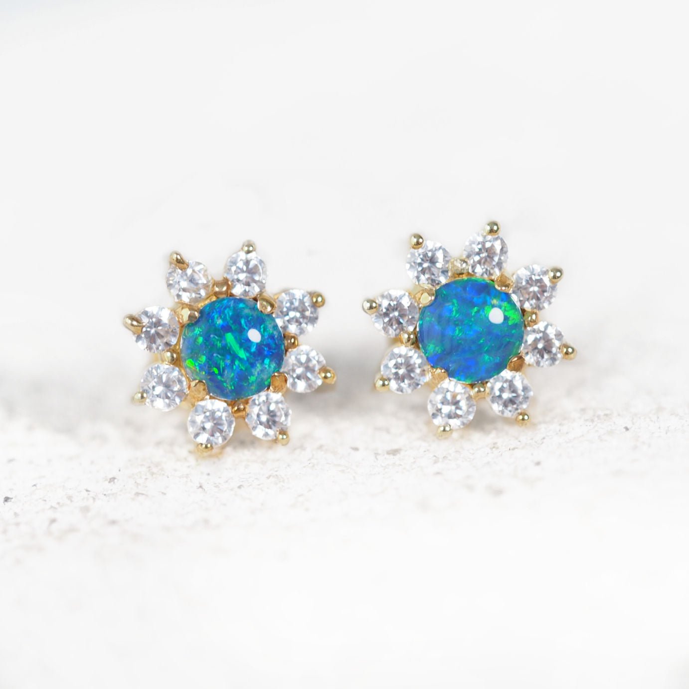 'Crystal Flower Blue' Triplet Opal Earrings Gold Plated Silver