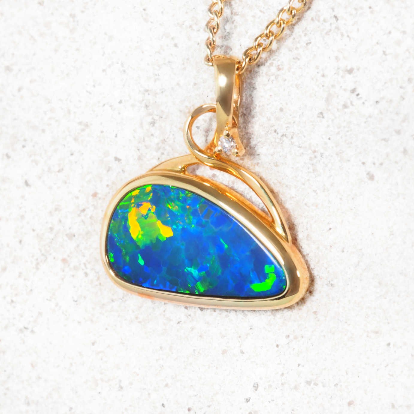 'Daria' gold opal pendant with freeform Australian opal and diamond accent