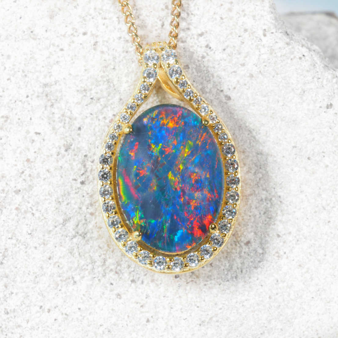 'Dianna' gold plated opal pendant with oval Australian triplet opal and diamanté halo