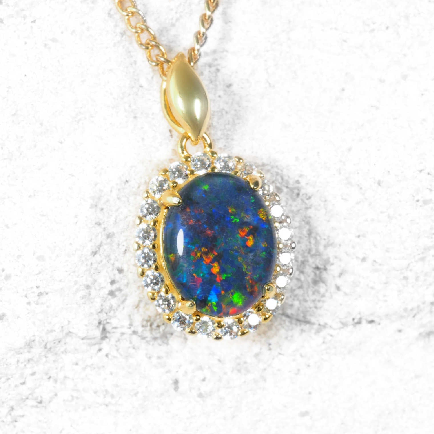 Gold plated ‘Dynasty’ opal pendant with vibrant oval-shaped Australian triplet opal