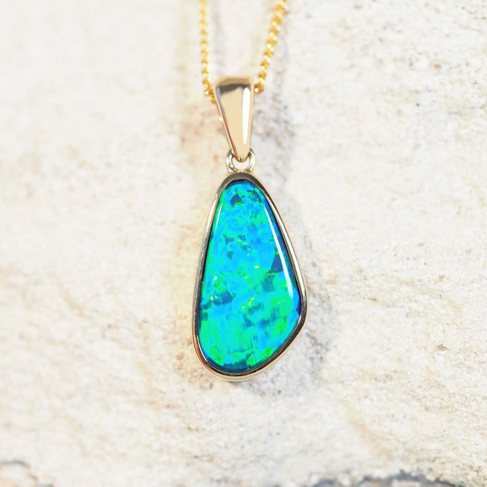 green and blue doublet opal gold necklace