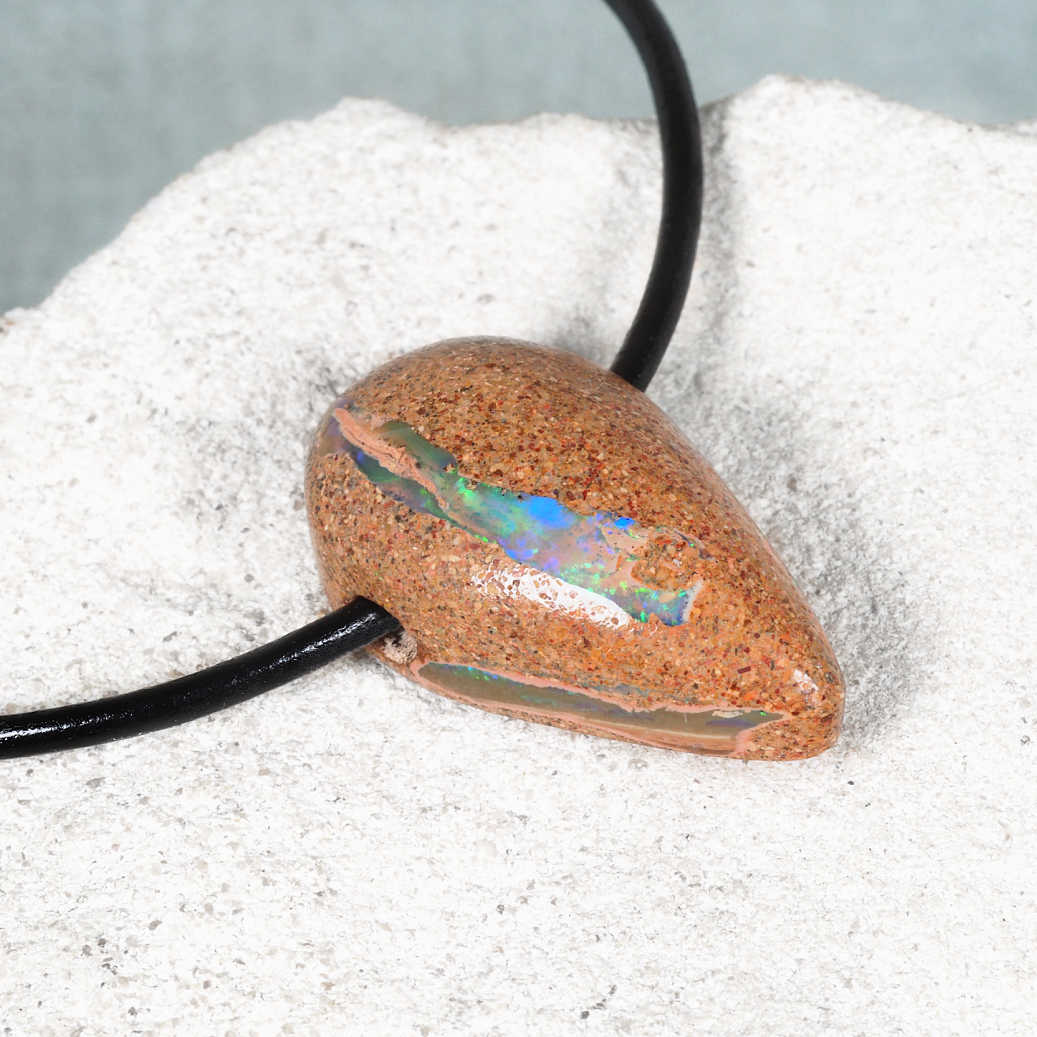 Natural Queensland boulder opal necklace green blue colour play leather cord
