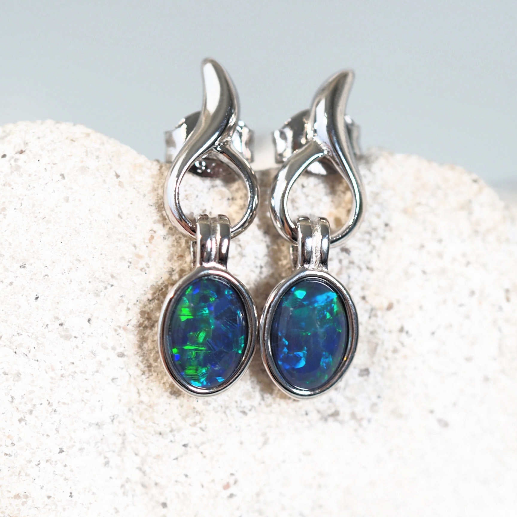 blue opal earrings in sterling silver