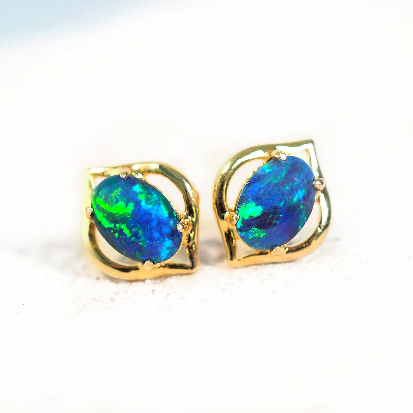 'Genie Blue' Triplet Opal Earrings Gold Plated Silver
