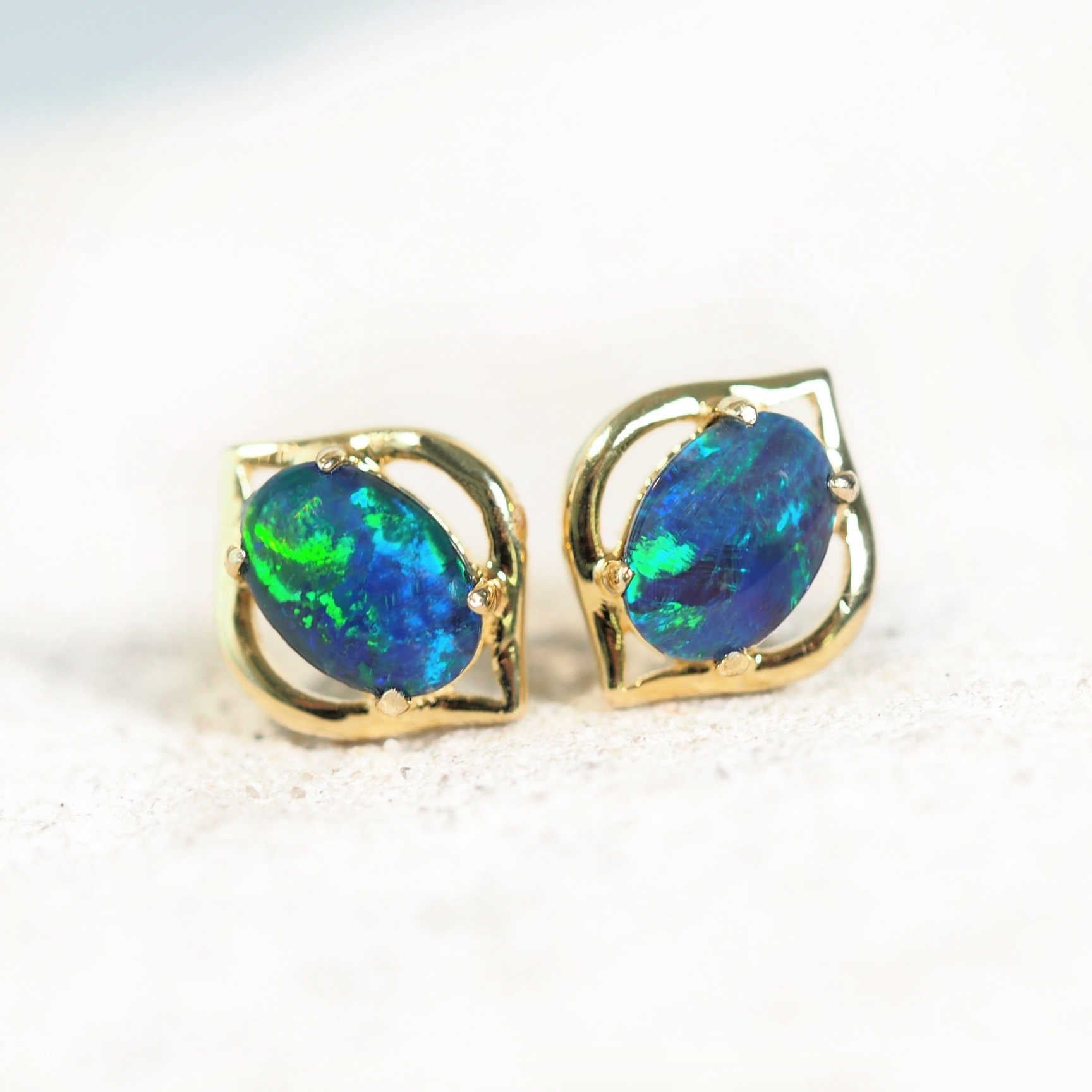 blue and green genie design opal earrings gold plated silver