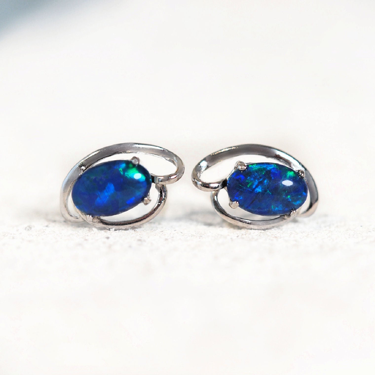 'Gianna Blue' Triplet Opal Earrings Silver