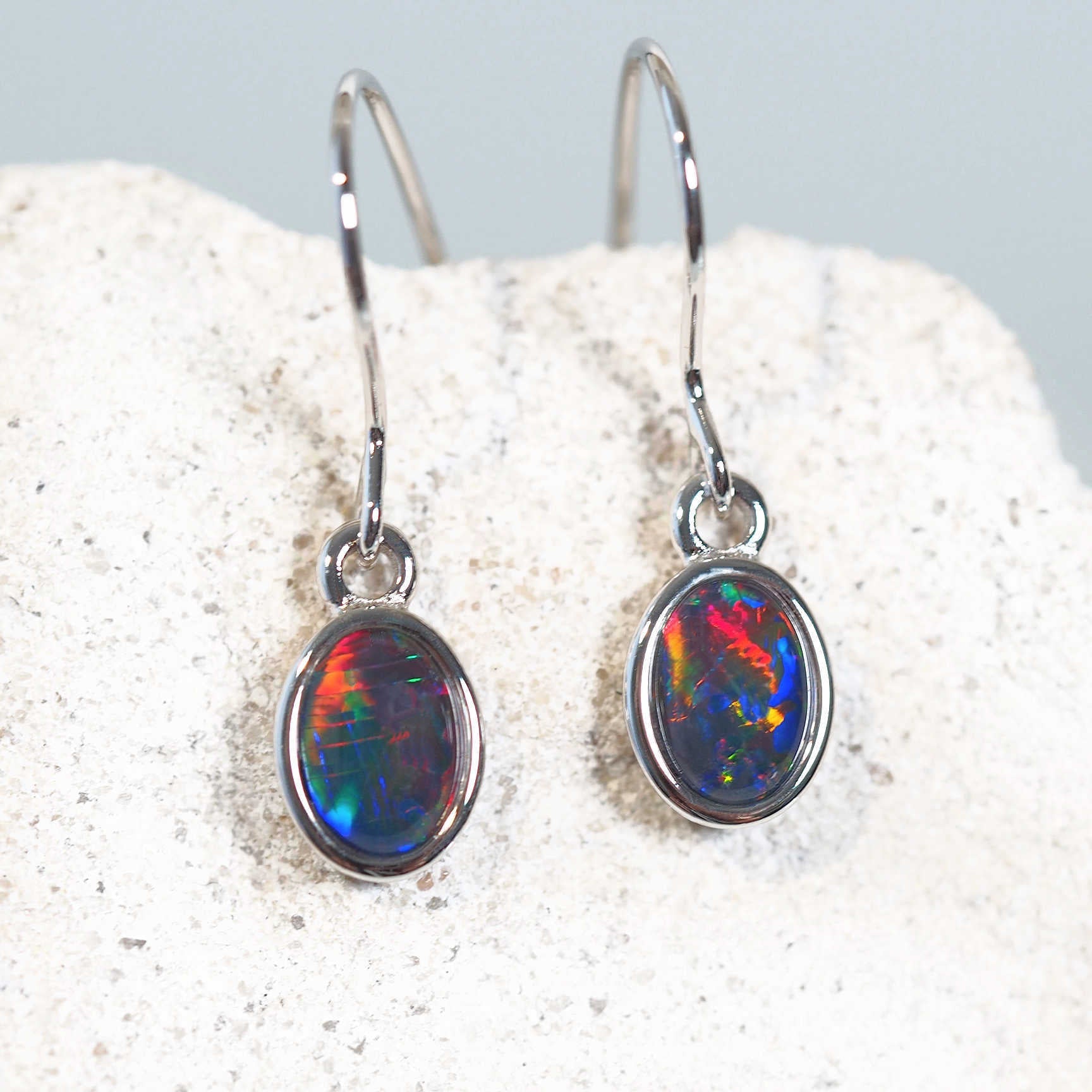 colourful oval silver drop opal earrings