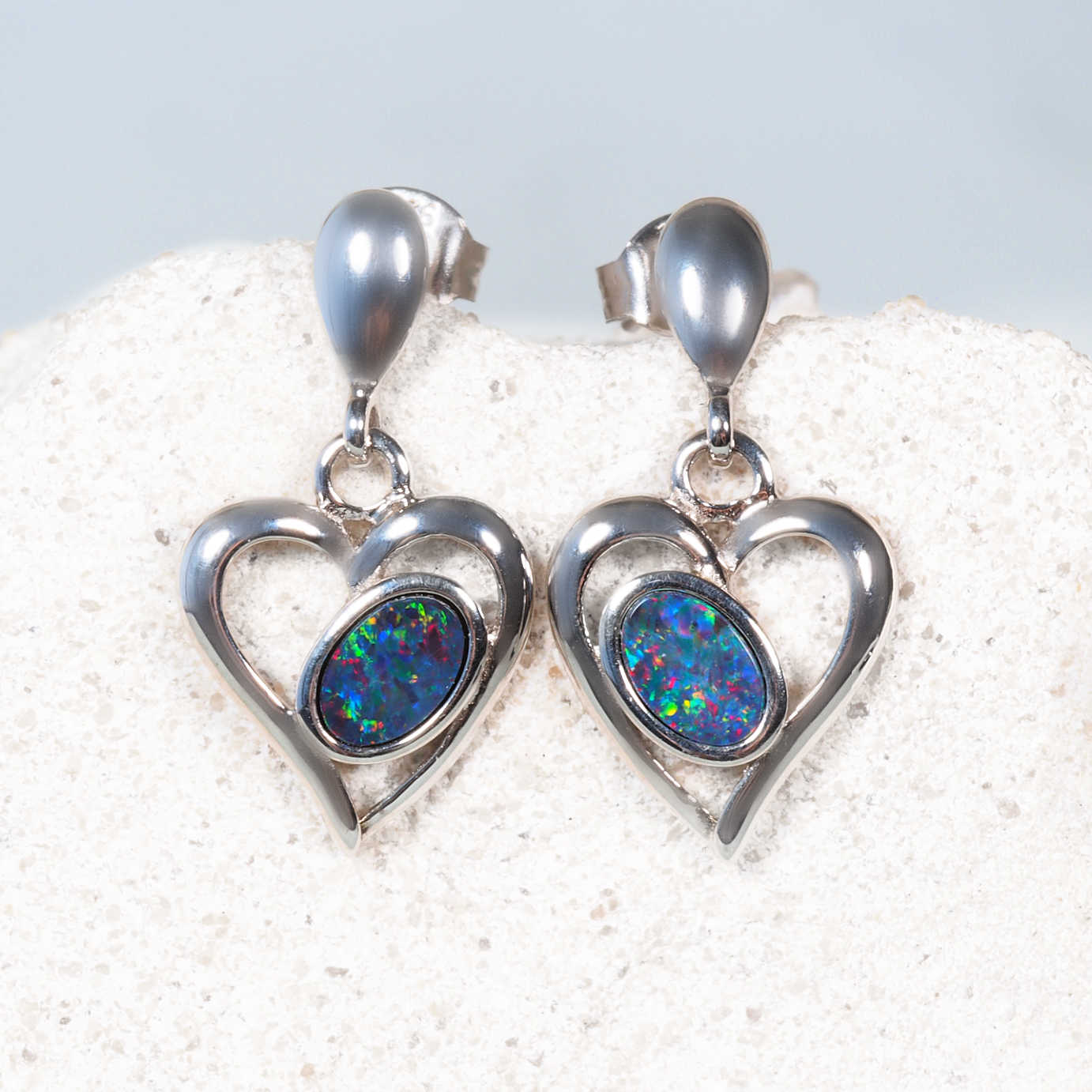 Heart-shaped sterling silver opal drop earrings