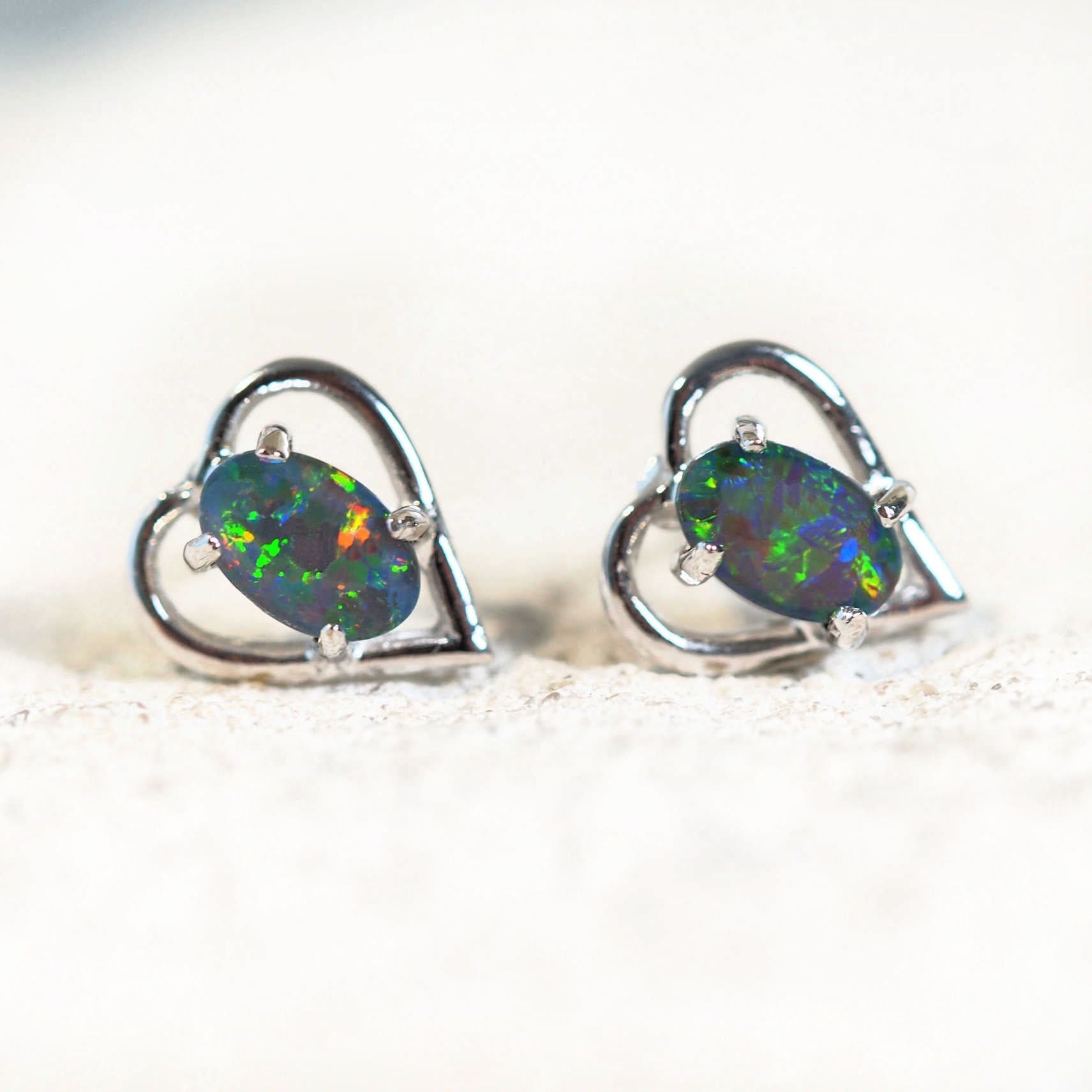multi-colour heart shape opal earrings in silver