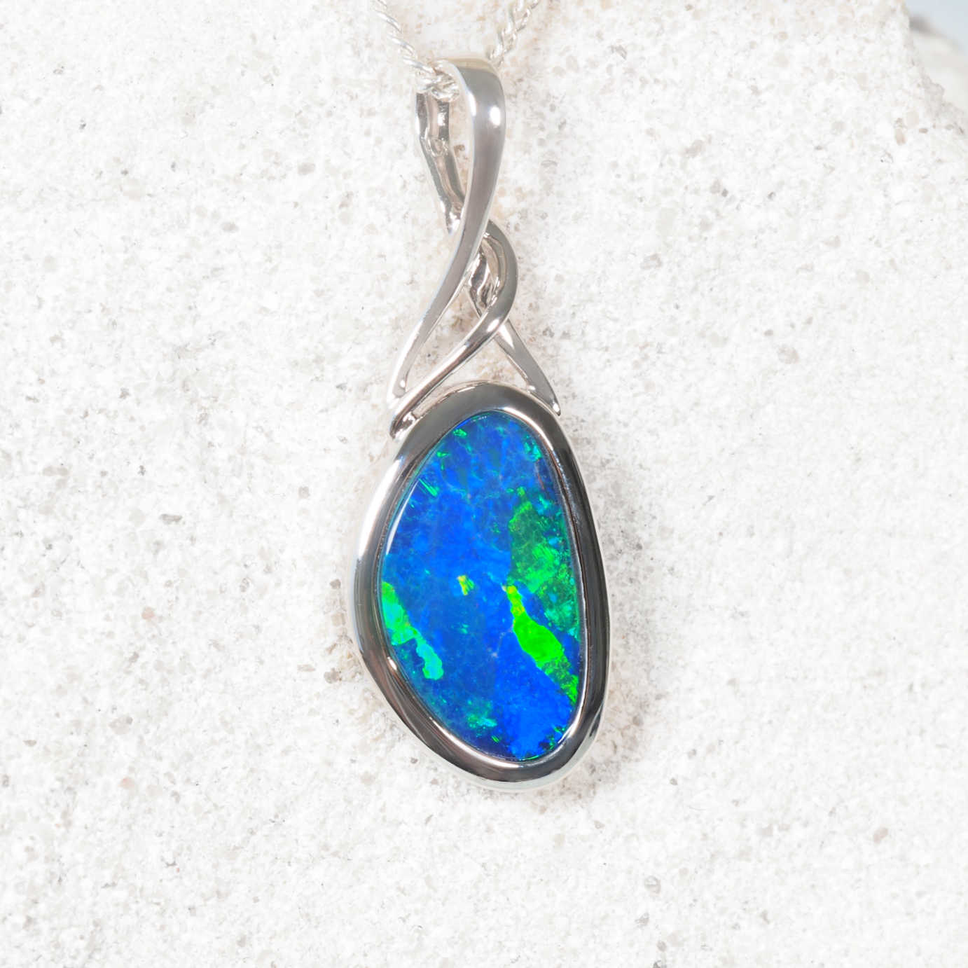 'Helene' opal pendant in 14ct white gold with round blue and green Australian doublet opal