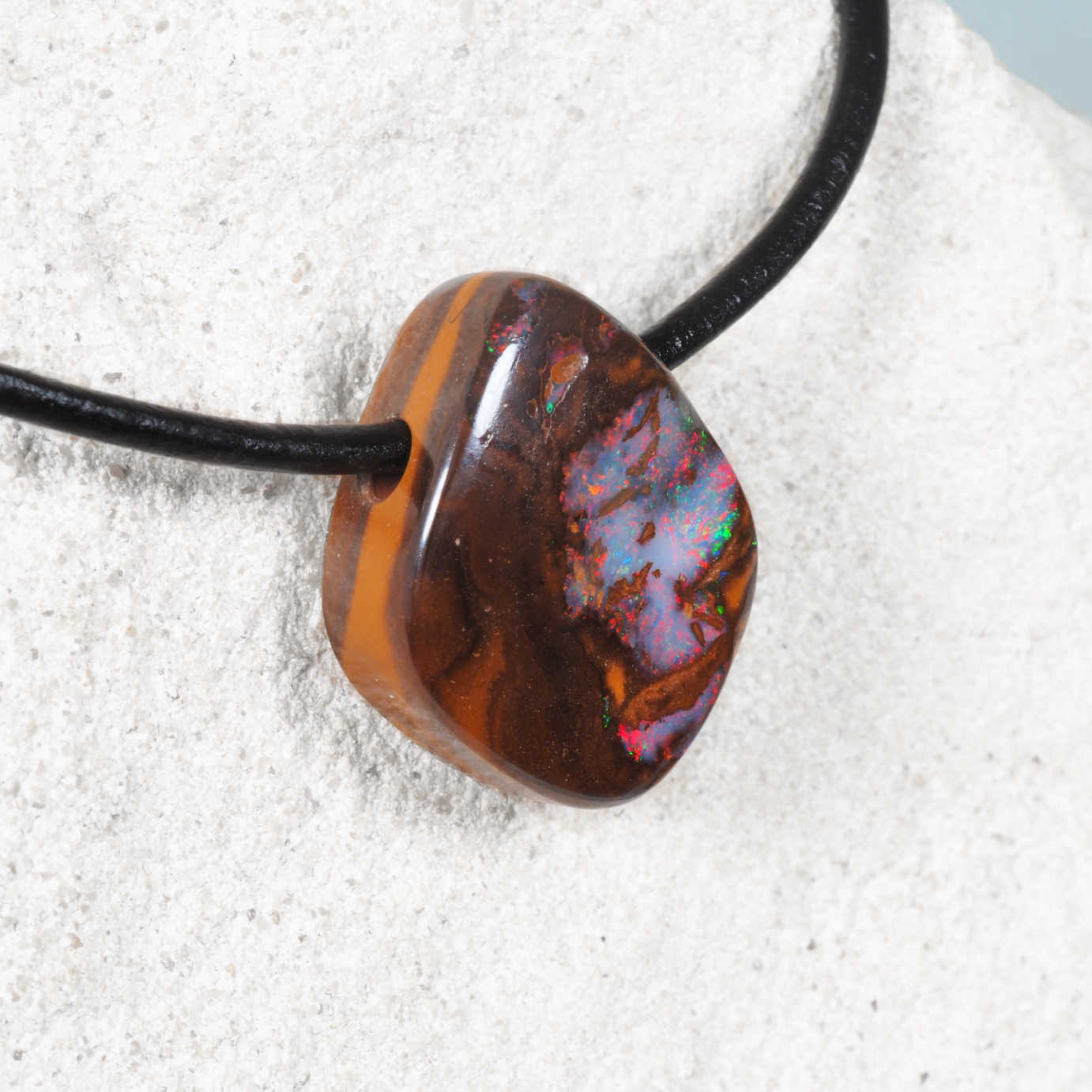 Queensland boulder opal necklace diamond shaped opal leather cord
