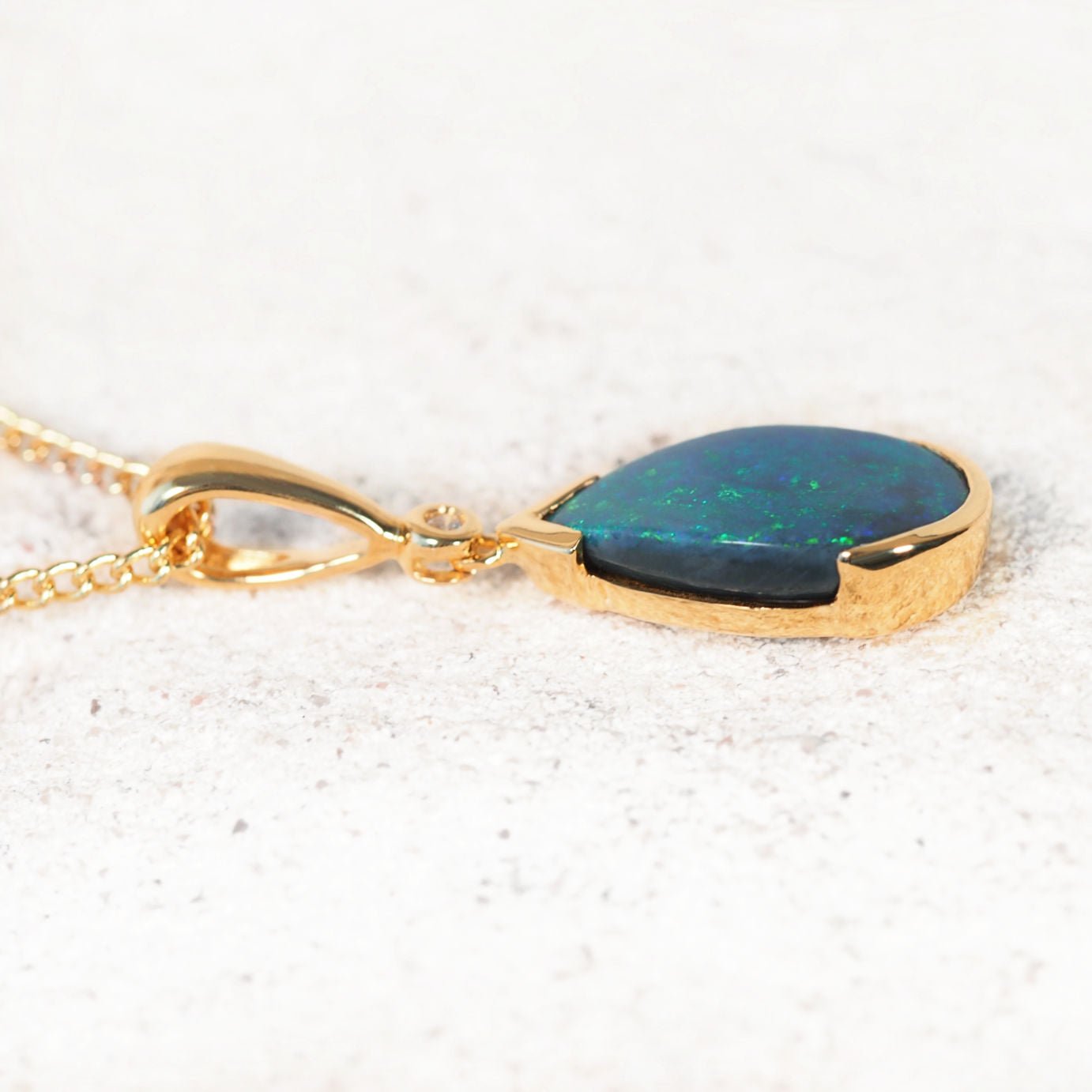 'Katrina' 18ct yellow gold black opal pendant with green Lightning Ridge opal