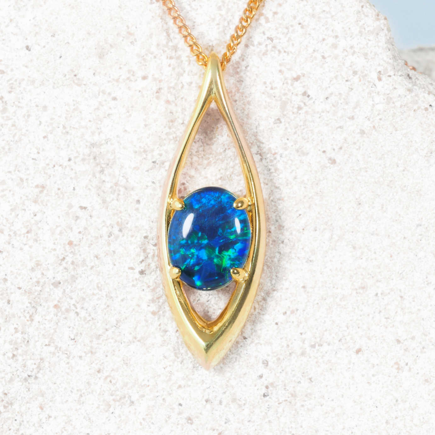 blue opal necklace set in gold plated silver