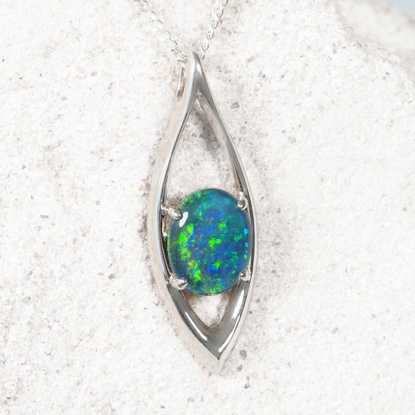 Marquise silver opal necklace featuring blue-green triplet opal