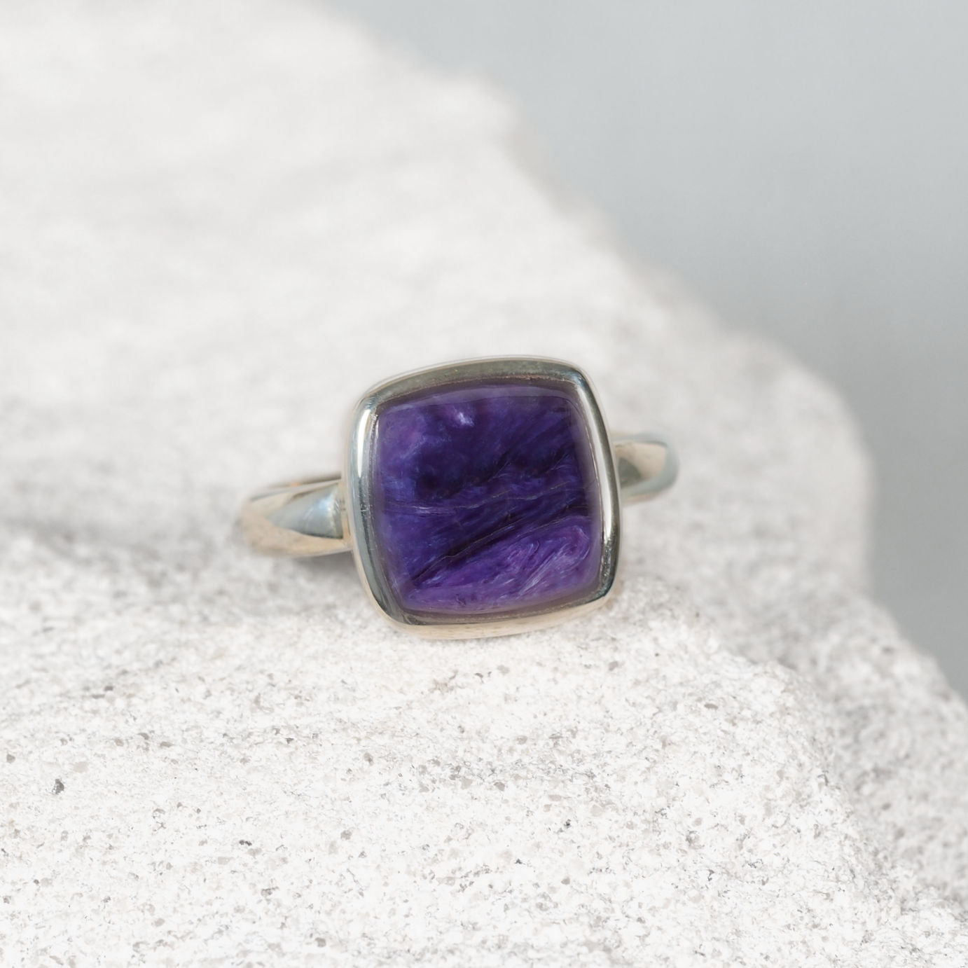 Petite square Charoite gemstone ring in polished silver with blended violet and lavender hues