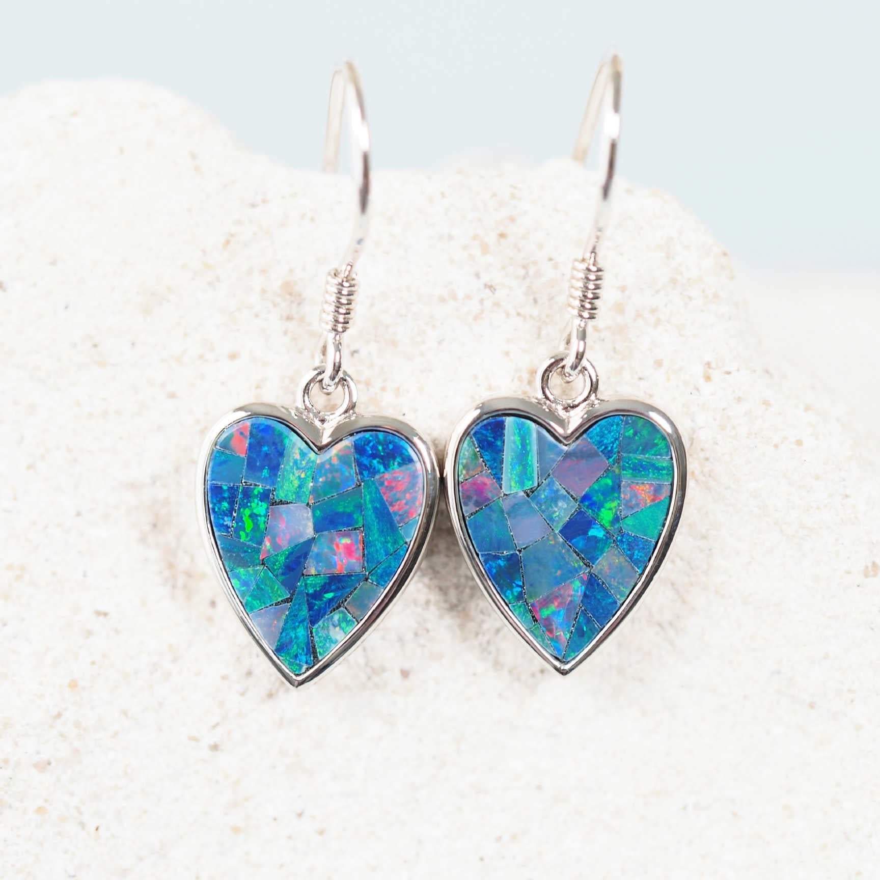 'Mosaic Heart' Doublet Opal Earrings Silver