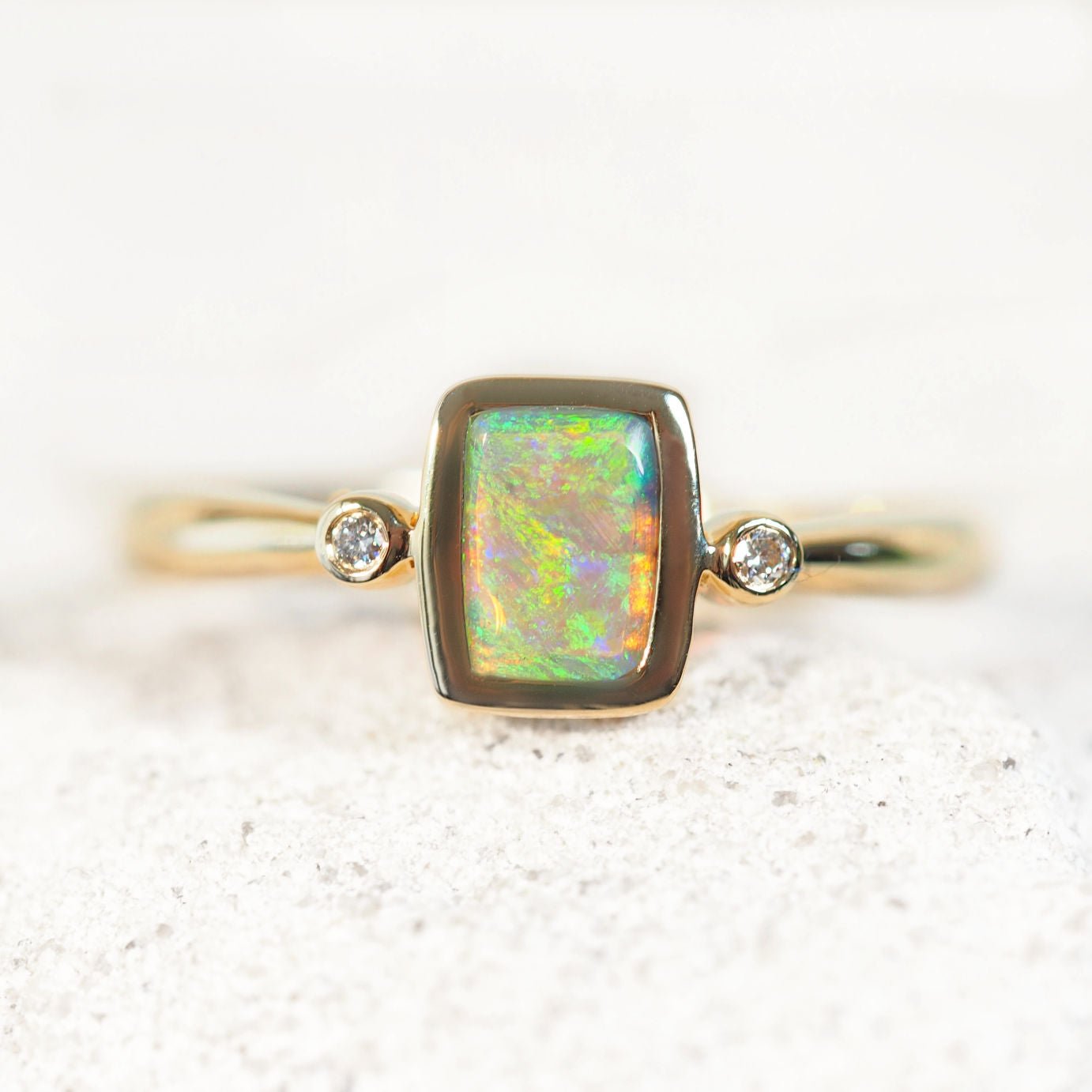 ‘Nahla’ 14ct yellow gold opal and diamond ring with rectangular Lightning Ridge crystal opal