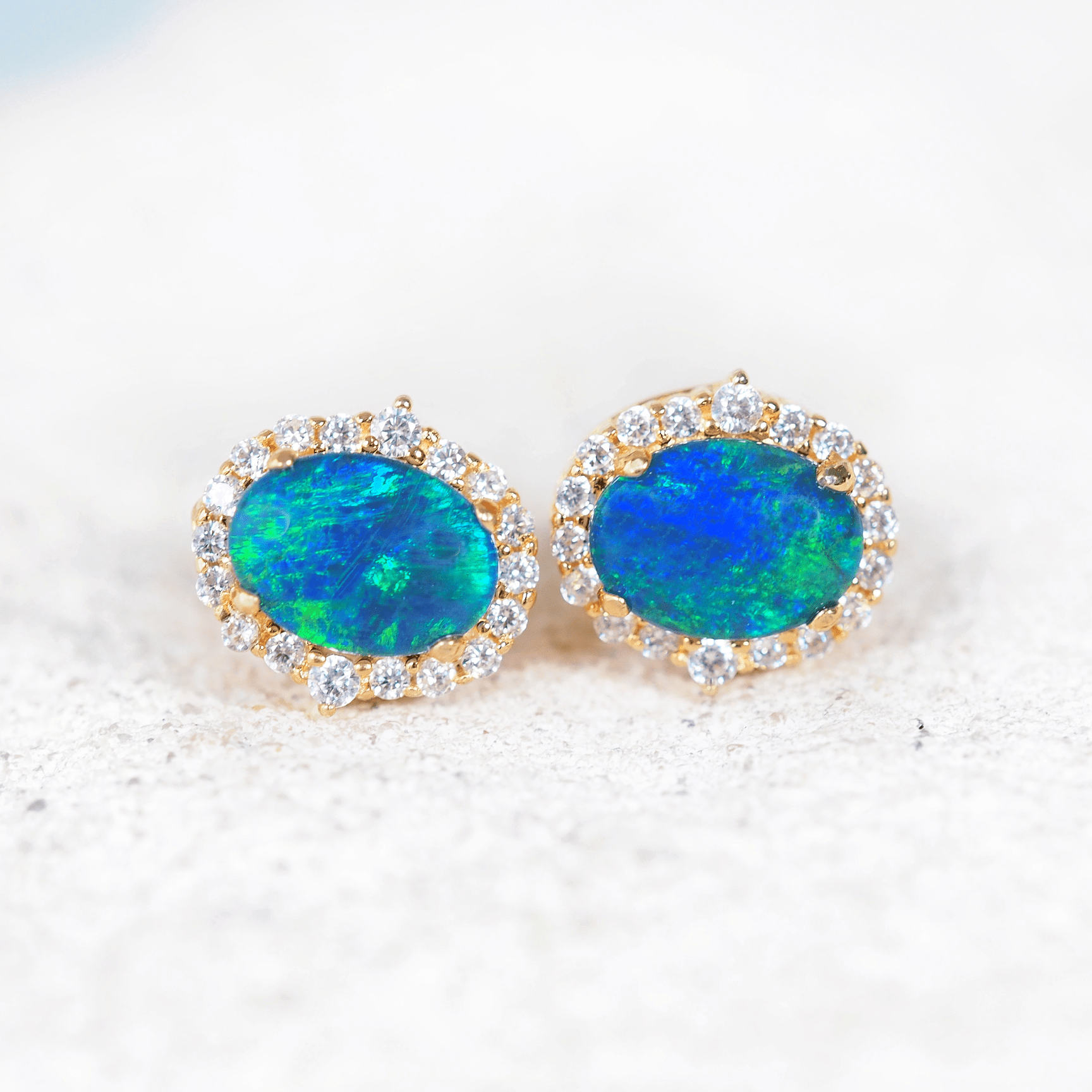 Paris Blue opal stud earrings with blue and green Australian triplet opals in gold plated silver