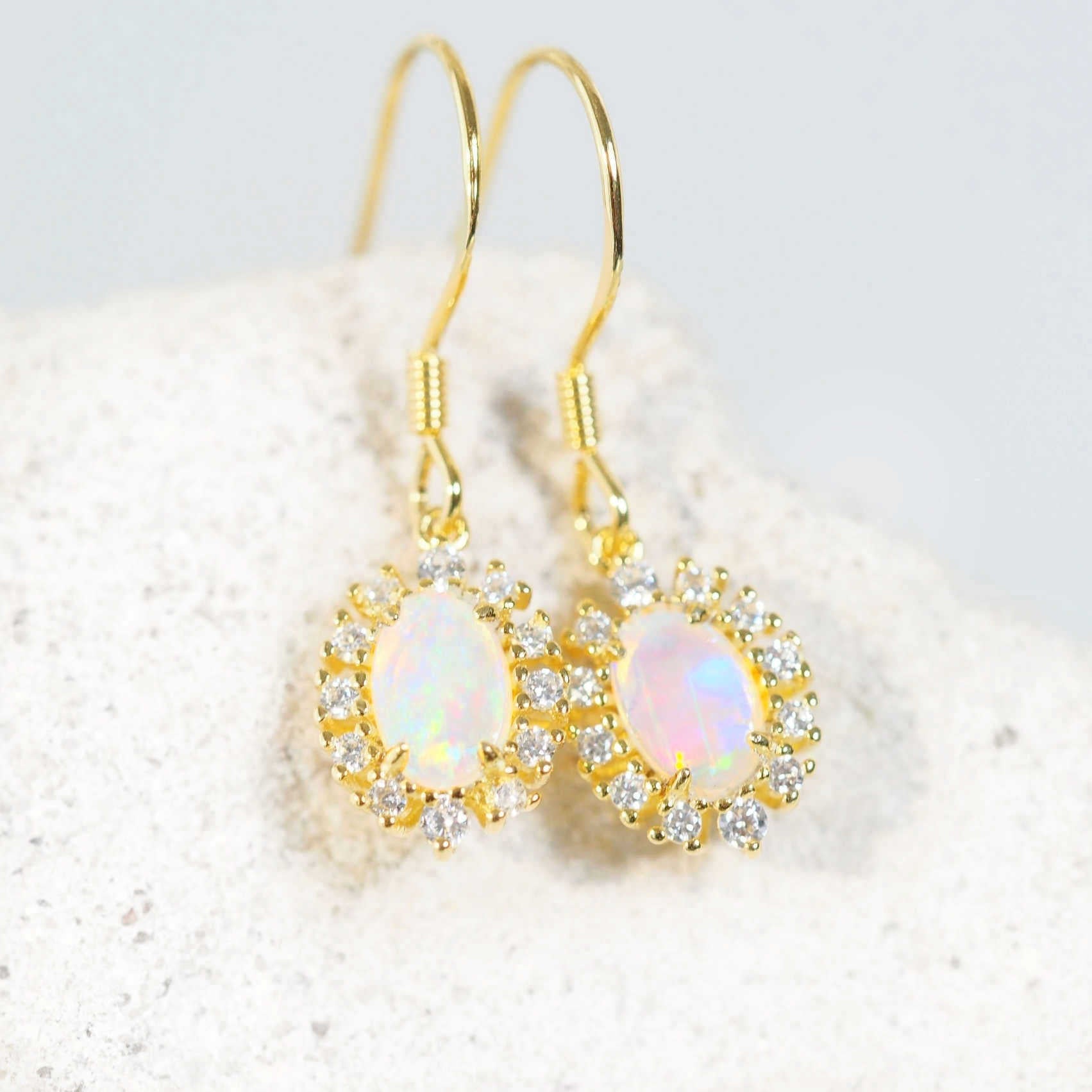 colourful crystal opal earrings set in gold plated silver