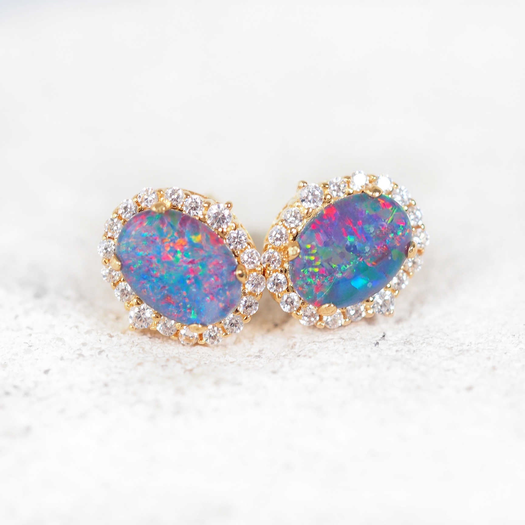 Paris multi-colour Australian triplet opal stud earrings in gold plated silver with diamanté halo