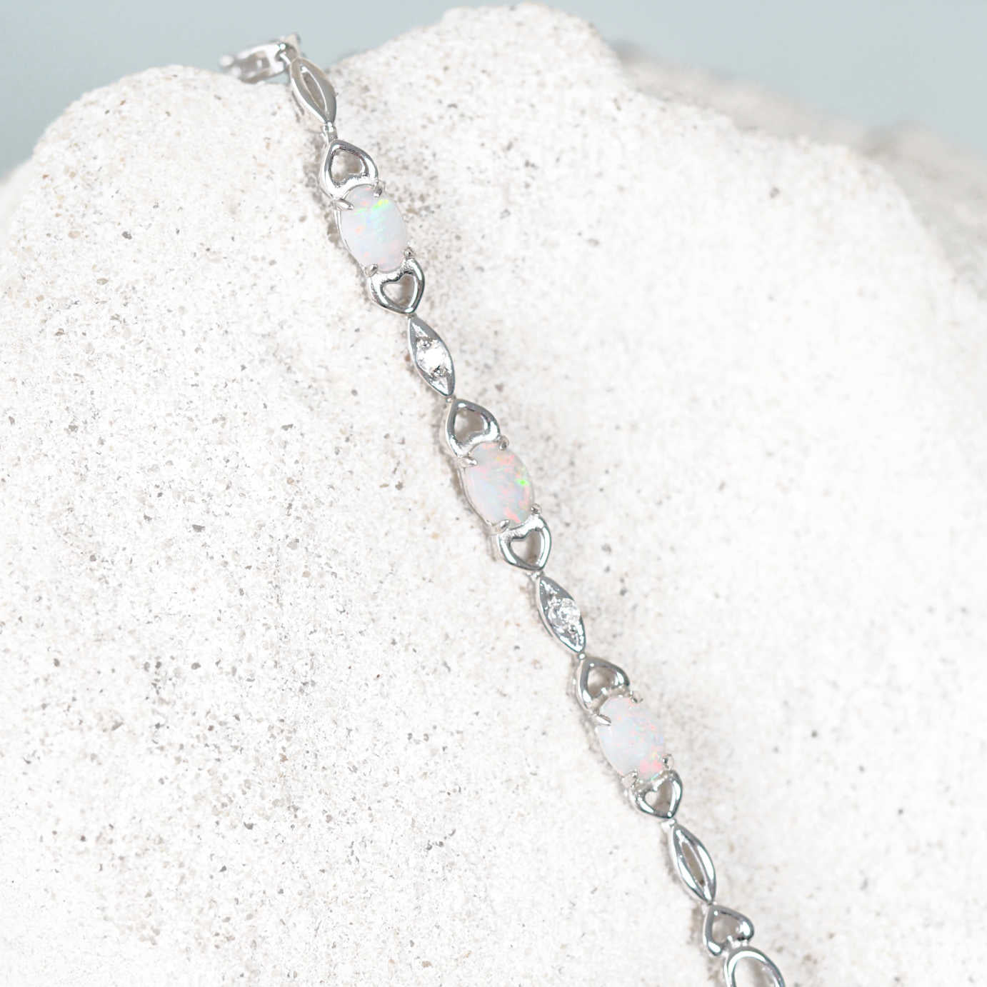 three opal stone silver bracelet with cubic zirconias