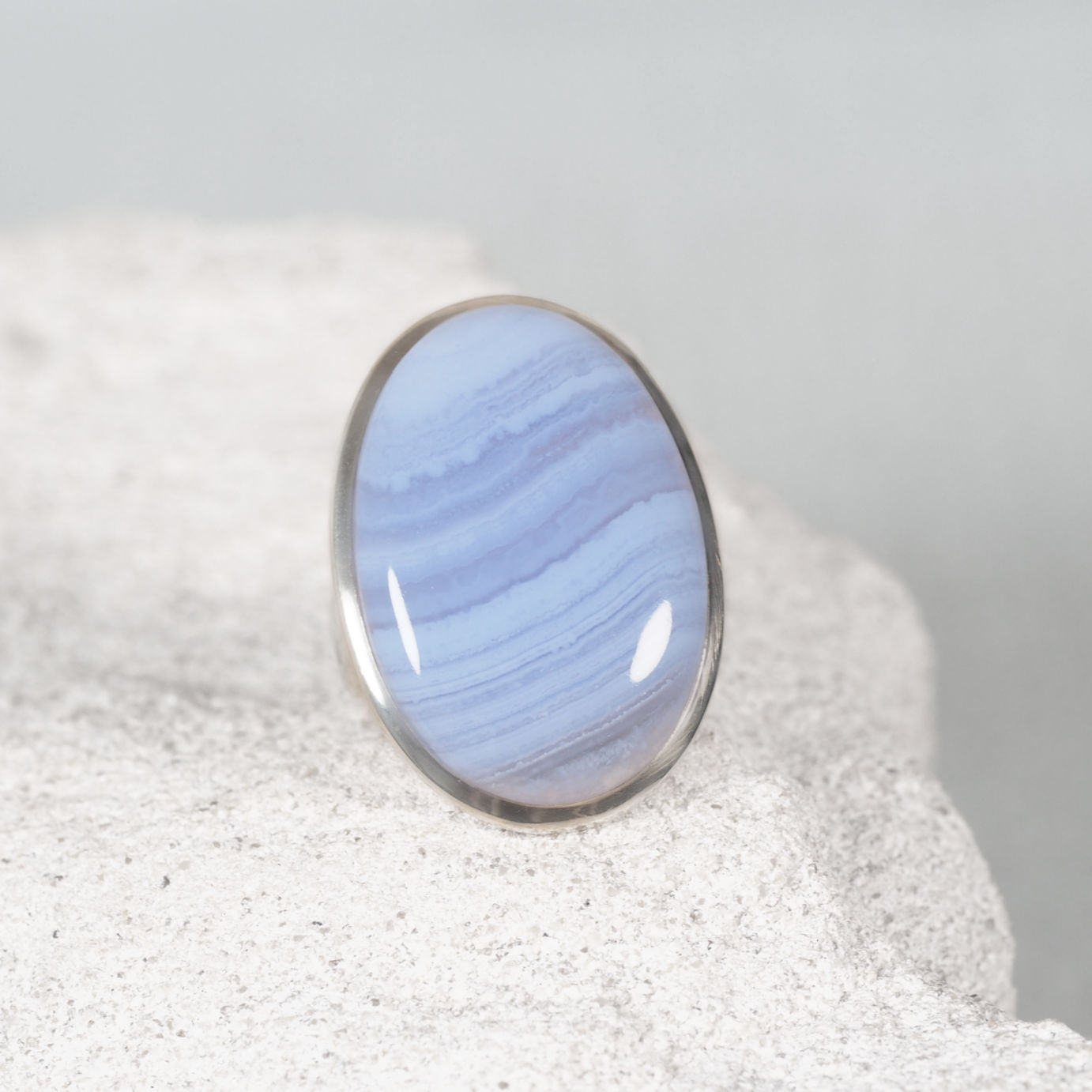 Blue Lace Agate Silver Ring displaying light colour