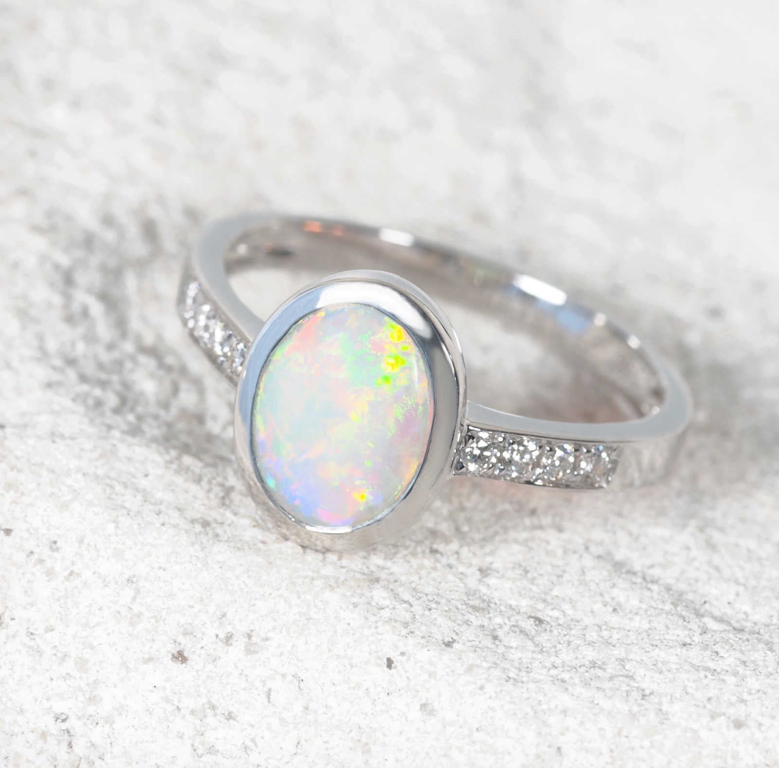 Selene opal ring in 14ct white gold with Lightning Ridge crystal opal