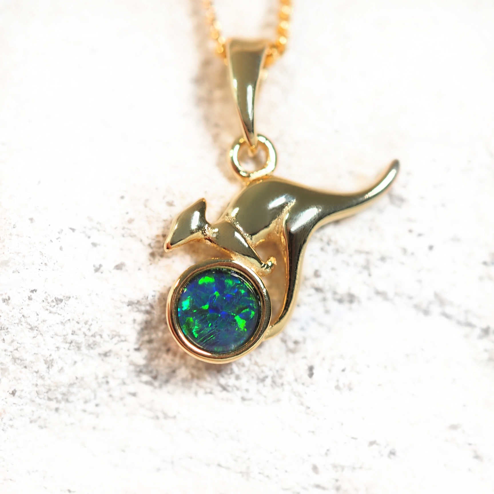 green and blue opal pendant set in gold plated silver