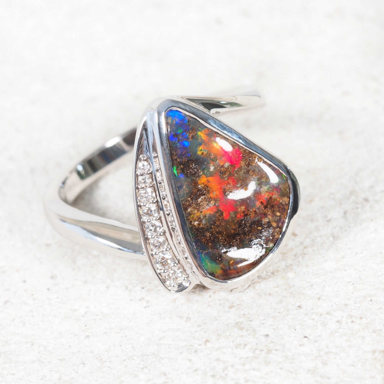 ‘Soraya’ 18ct white gold opal ring – triangular Queensland boulder opal with diamond accents