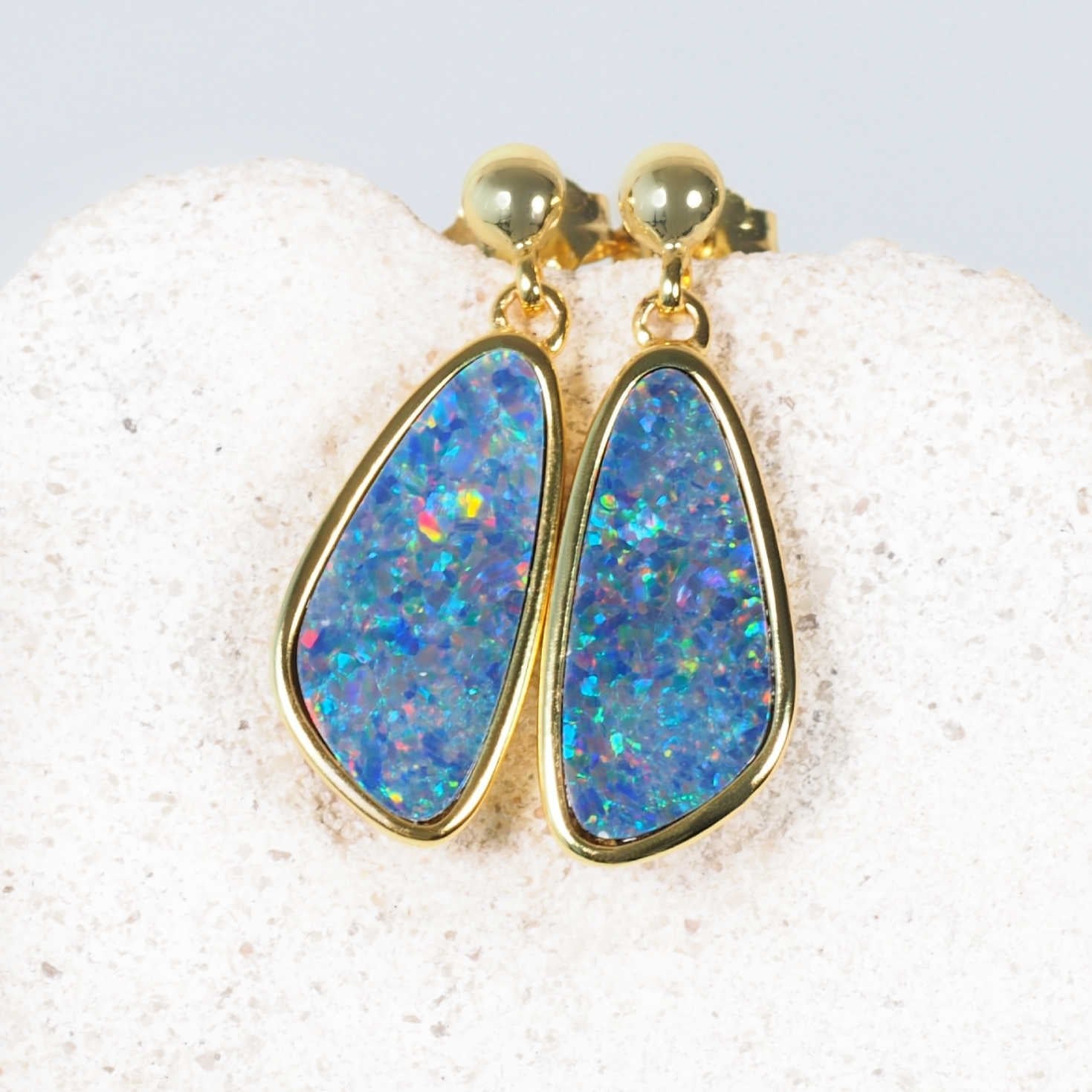 Elegant gold-plated silver opal drop earrings – Sylvaine design showcasing vibrant colour play