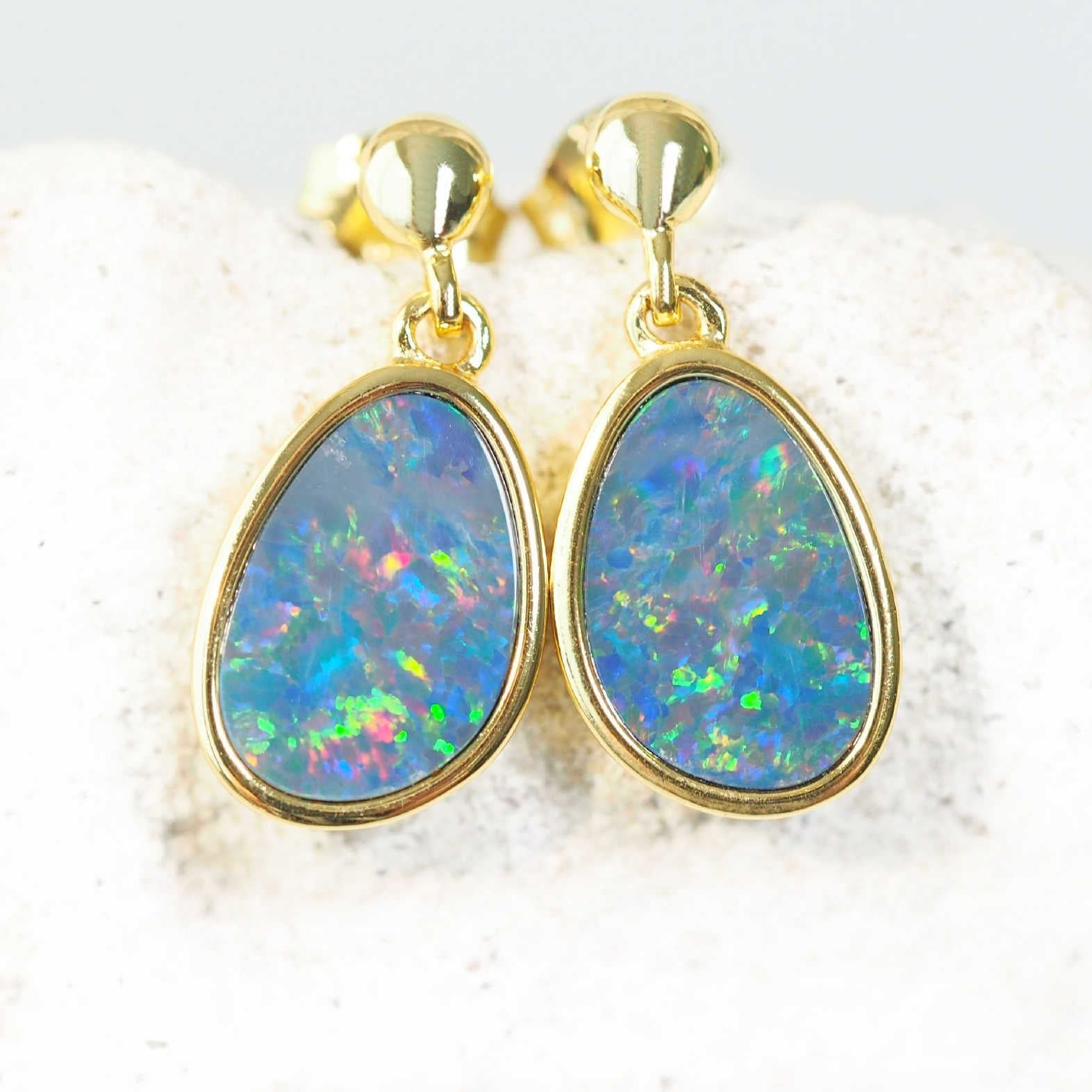 dangling opal earrings set in gold plated silver