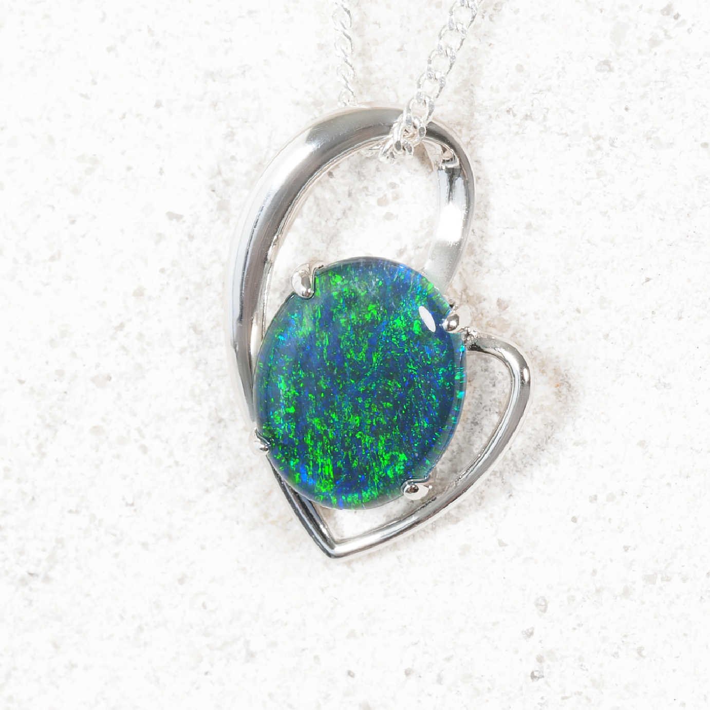 'Tiare' sterling silver opal pendant with blue-green Australian opal stone